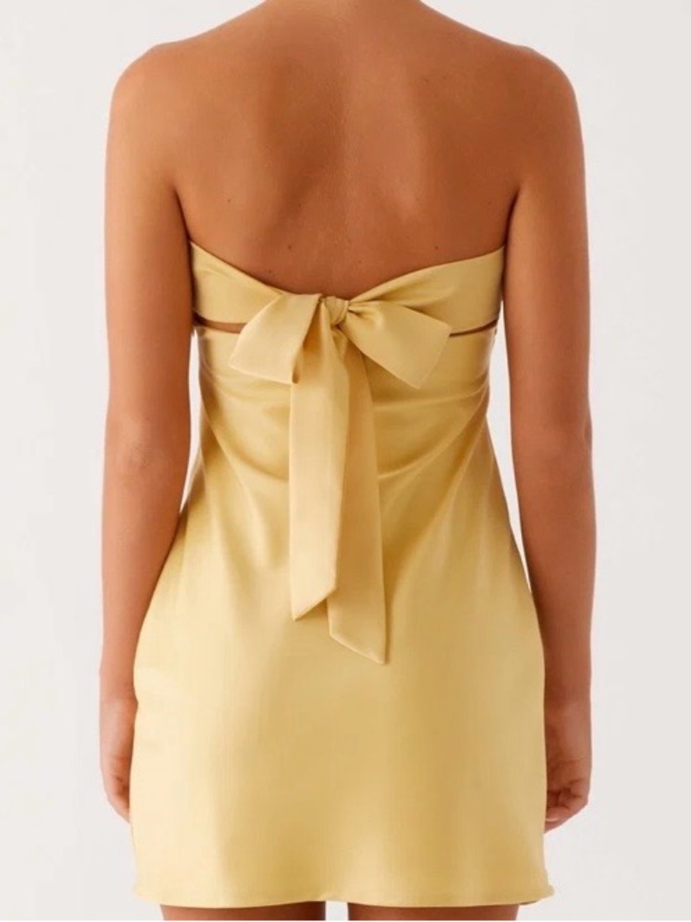 PepperMayo Butter Yellow Satin Strapless Mini Dress US-8 Rear Bow Tie Lined